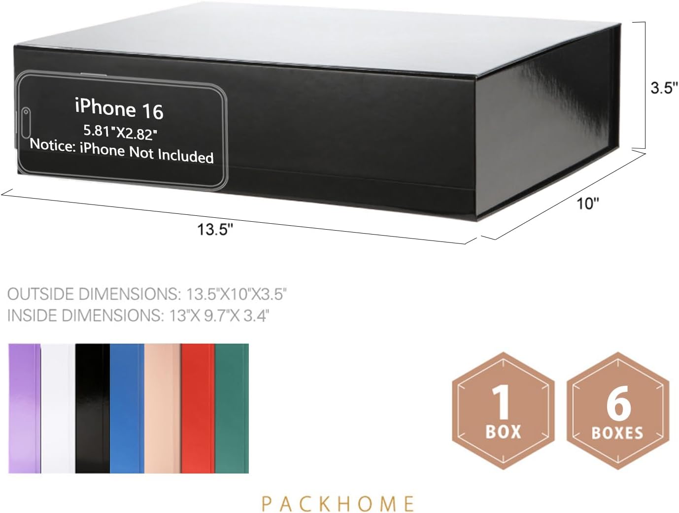 PACKHOME Large Gift Box 13.5x10x3.5 Inches, Sturdy Shirt Box with Magnetic Lid for Multiple Occasions (Glossy Black)
