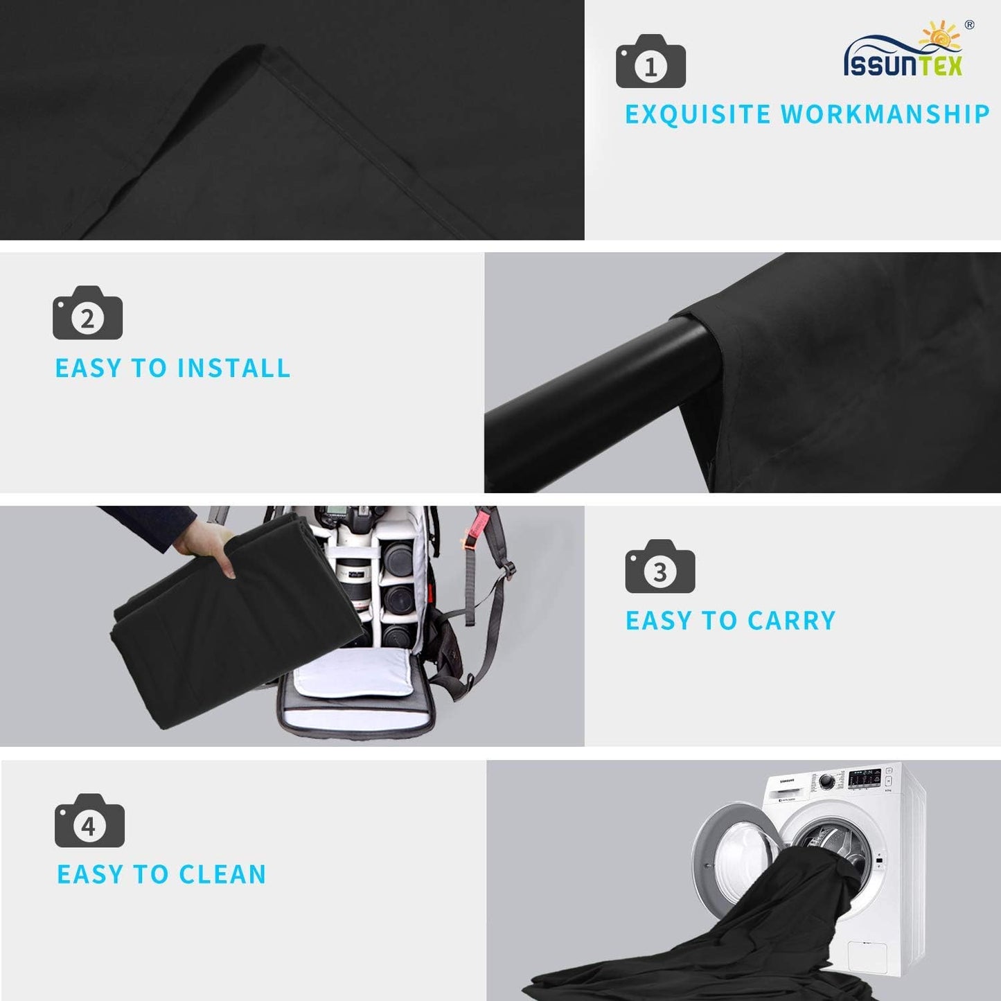 ISSUNTEX 5X7 ft Background Muslin Backdrop, Photo Studio, Collapsible High Density Screen for Video Photography and Television-Black