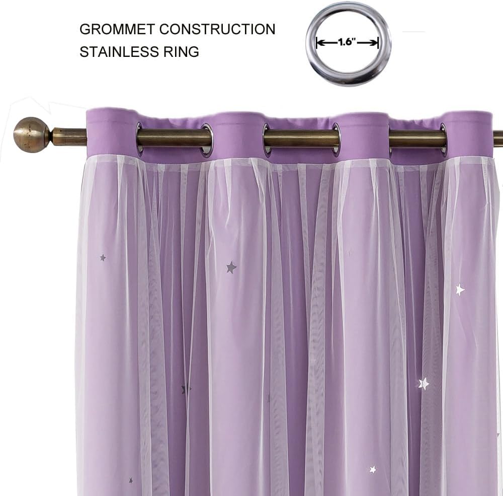 Ombre Rainbow Blackout Curtains for Kid Girls Bedroom Living Room Darking Stripe Double Layer Star Cut Out Wall Home Decor Gradient Grommet Window Curtains (Purple 72L)