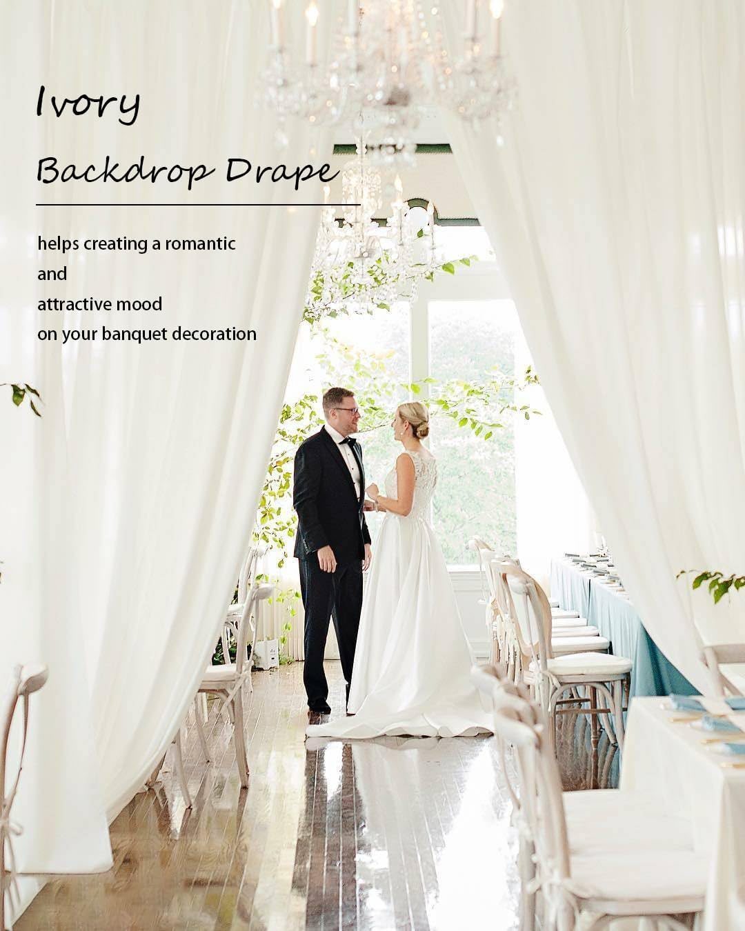 PartyVillage 50ft×15ft Ivory Backdrop Curtain for Wedding Parties, 10 Panels Wrinkle Free 15 FT Long Polyester Photo Backdrop Drapes Back Drop Cloth for Birthday Photography Background