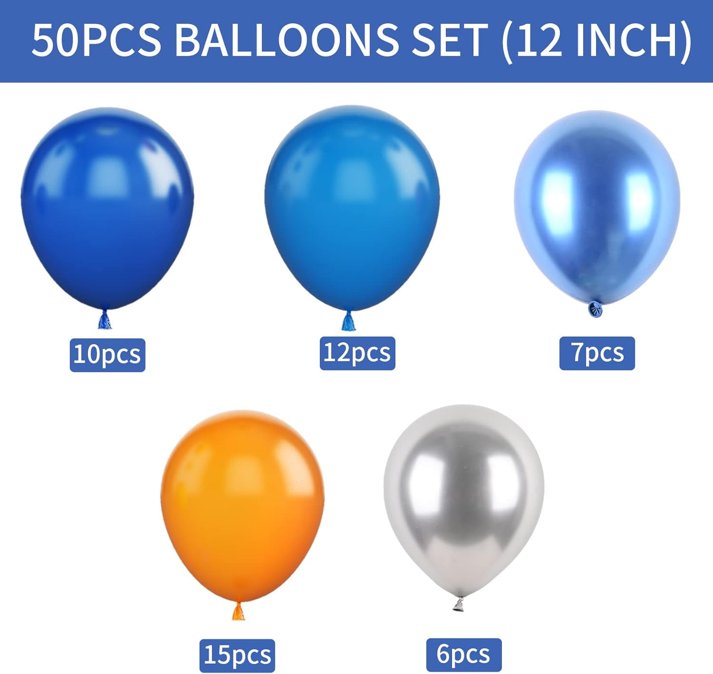 Blue and Orange Balloons, 50 Pcs 12 Inch Orange Royal Blue Metallic Silver Balloons with Ribbons for Birthday Party Wedding Baby Shower Graduate Decorations