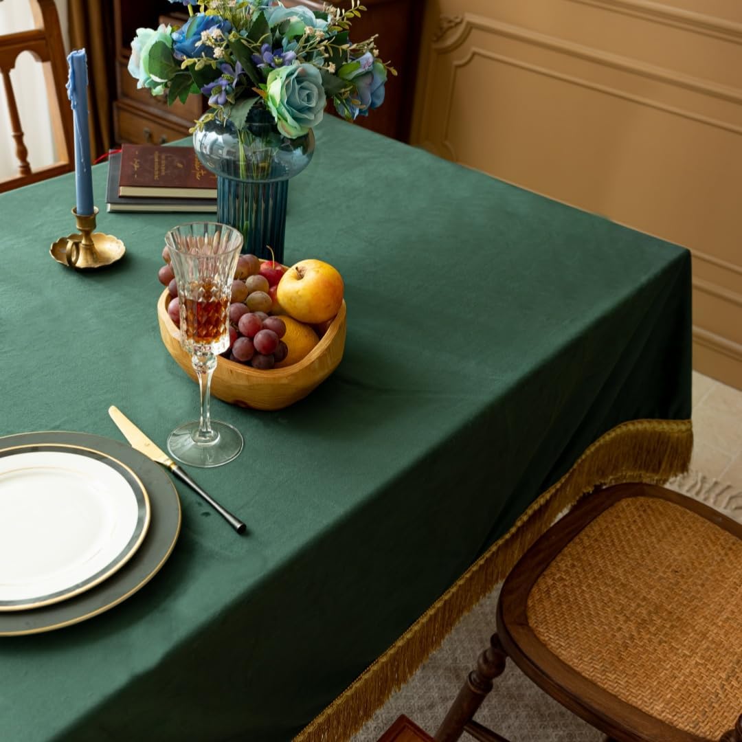 F-CHU Luxury Dark Green Tablecloth Thickset Velvet Tablecloth with Beautiful Gold Tassels Vintage Table Cloth for Home Decor Wedding, Party, Banquet and Events 67x120-Inch