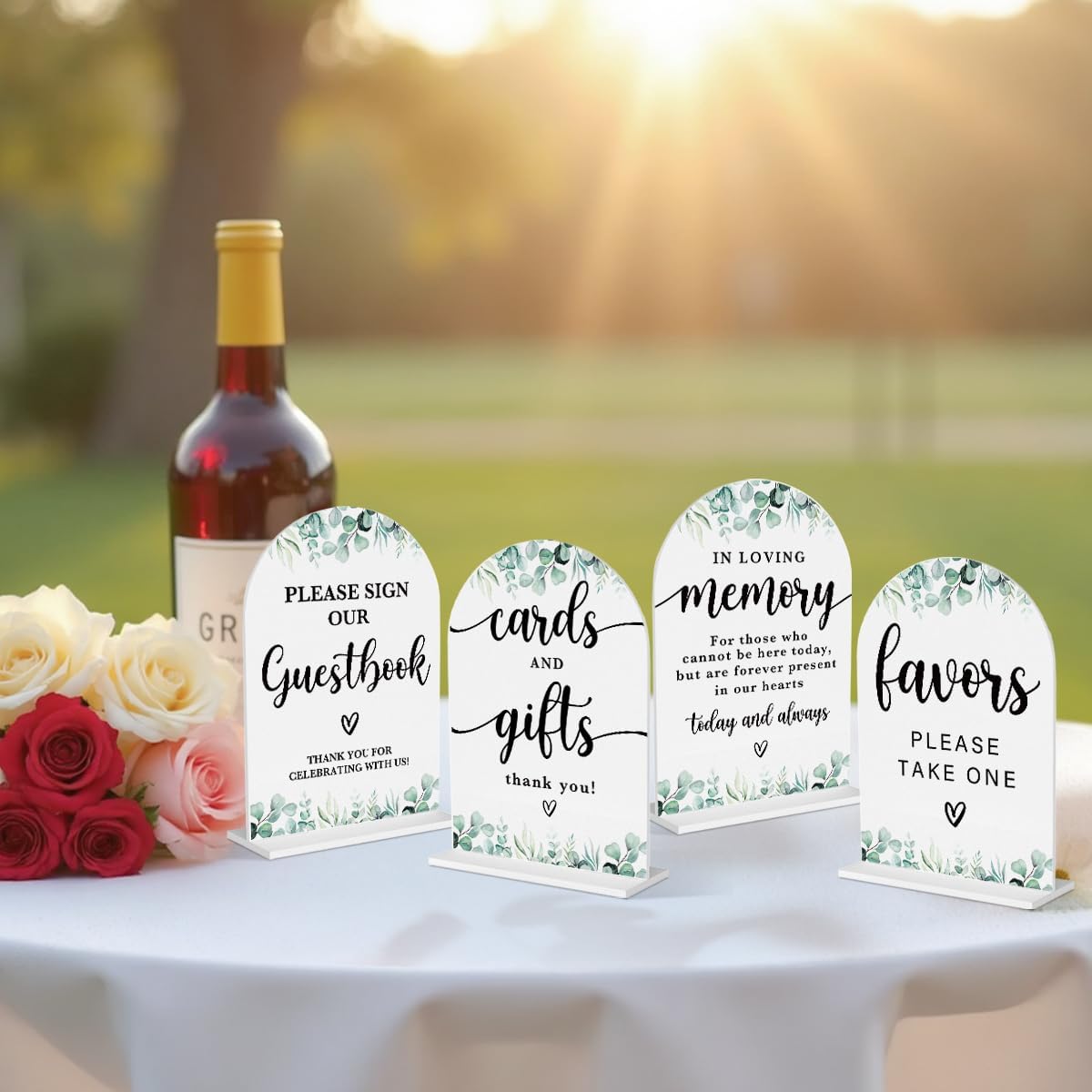4 Pcs Acrylic Wedding Signs for Reception, Bridal Shower Decorations, Cards and Gifts Signs, Guest Book Sign, Arch Acrylic Table Top Sign with Holder for Wedding Reception (White Eucalyptus Leaves)