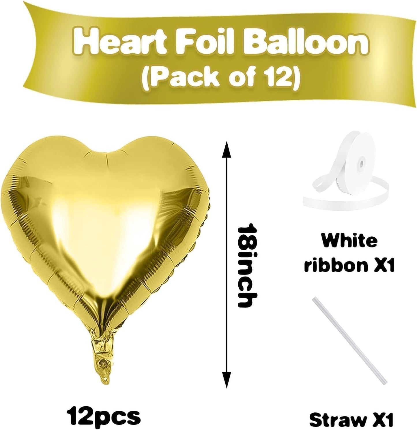 Gold Heart Balloons,12Pcs 18 Inch Metallic Gold Foil Love Heart Shaped Balloons for Birthday Party Wedding Engagement Anniversary Graduation Celebration Baby Shower Valentines Day Decorations