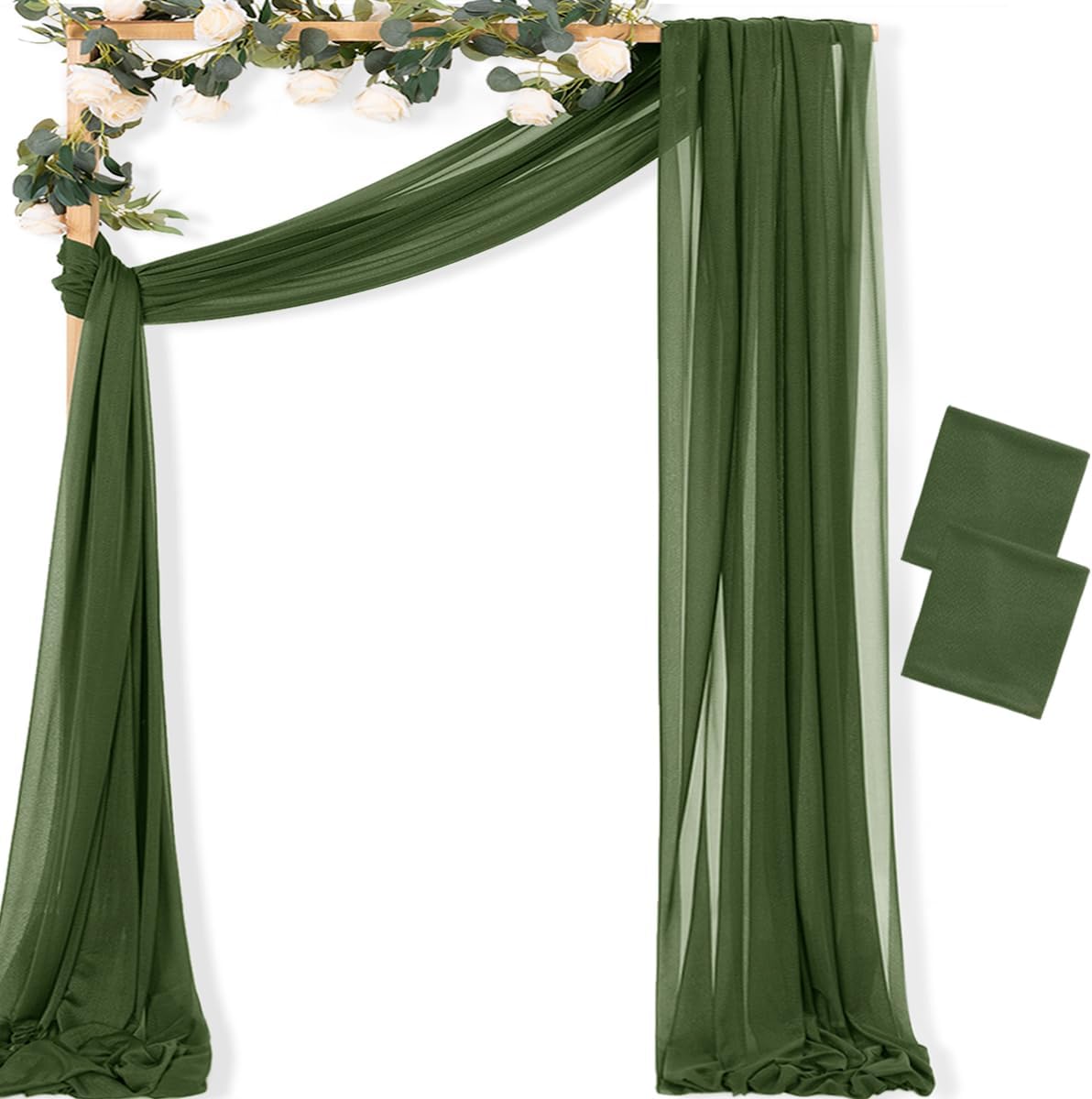 MLMC Olive Green Wedding Arch Draping Fabric 2 Panels 29" x 20 FT Extra Long Gauze Drapes Sheer Backdrop Curtains 6.6 Yards Outdoor Drapery Panels for Wedding Ceremony Party Ceiling Decoration