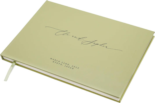 MUUJEE Personalized Guestbook in Sage - Premium Custom Modern Guest Book for Wedding Reception, Birthday Party or Events w/Bookmark Blank Pages for Signing 11.5 x 8.5 inches