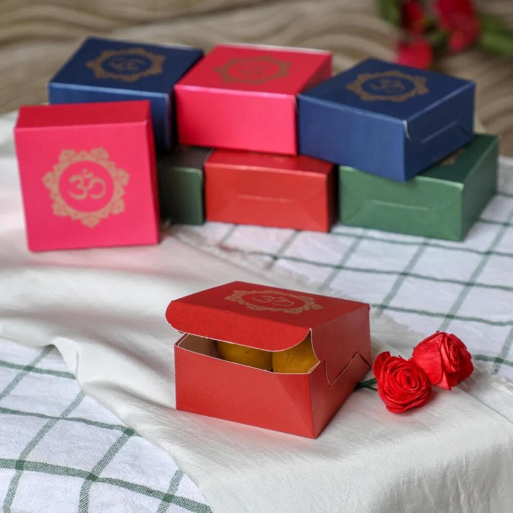 Om Printed Colorful Paper Sweet Boxes for Indian sweets, Cookies, Goodies, Mithai, Candy, Gift boxes Handmade Bulk Mithai box, Favor boxes for wedding, Pooja, 2.95x2.95x1.37 Inch (Pack of 8)