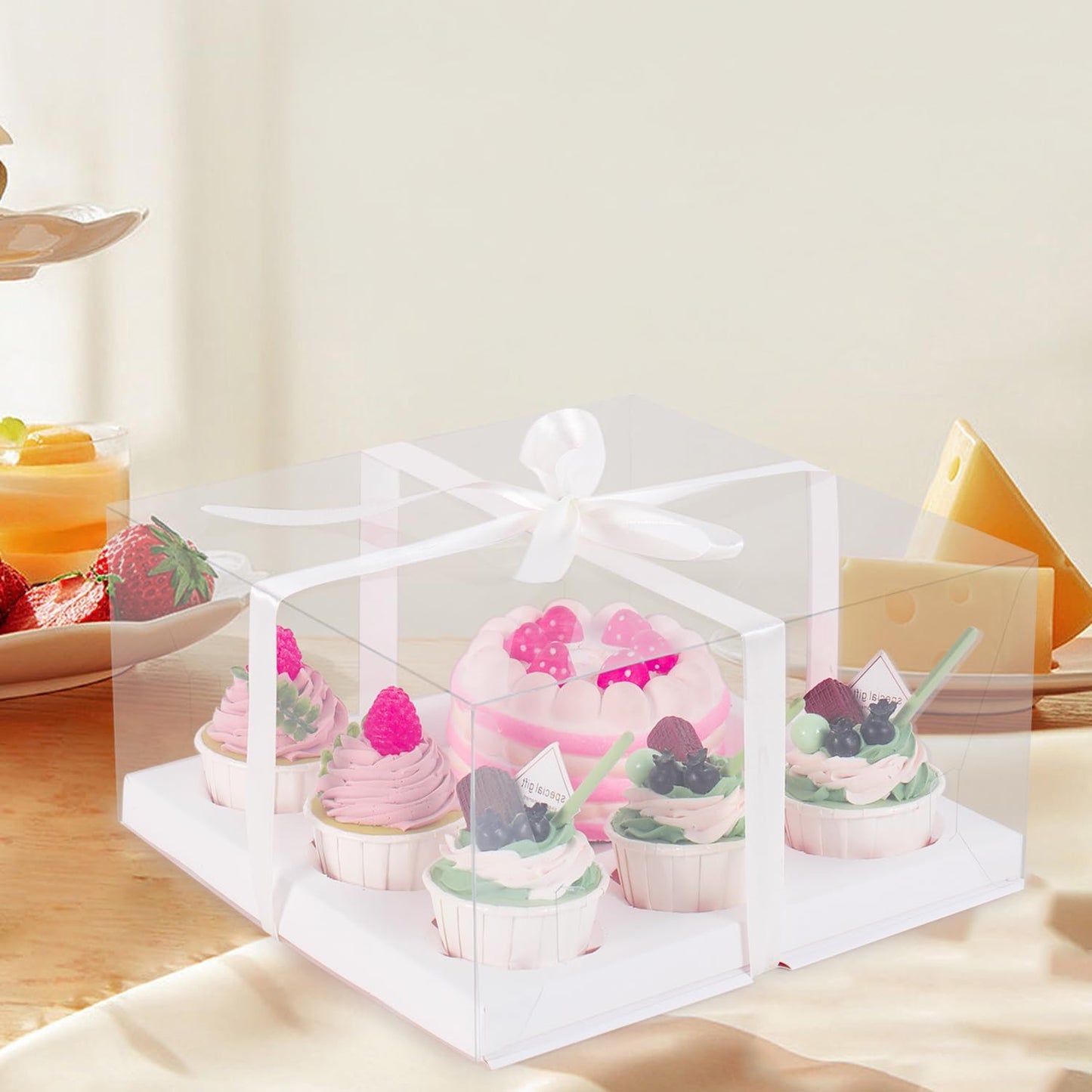 JCD 9 Packs Cake Cupcakes Combo Box 1+5 Cupcake Containers with Gift Ribbon Bento Clear Boxes (5 Cupcakes with a mini Cake) (1+5/9Pcs)