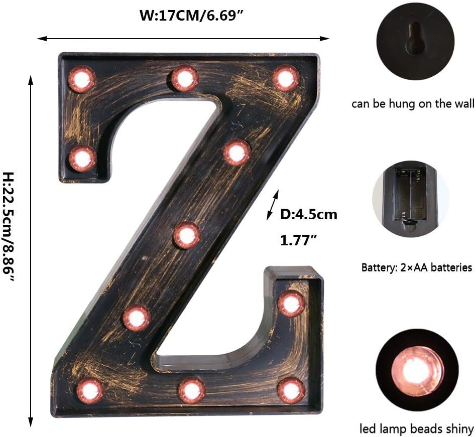 OYCBUZO Golden Black Led Marquee Letter - Industrial, Vintage Style Light Up Alphabet Letter Sign for Cafe Wedding Birthday Party Christmas Lamp Home Bar Initials Decor - Z