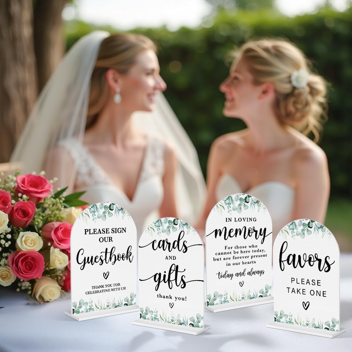 4 Pcs Acrylic Wedding Signs for Reception, Bridal Shower Decorations, Cards and Gifts Signs, Guest Book Sign, Arch Acrylic Table Top Sign with Holder for Wedding Reception (White Eucalyptus Leaves)