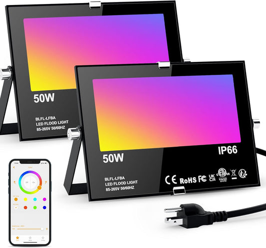 LED Flood Lights RGB Color Changing 500W Equivalent, Outdoor RGBW Bluetooth Smart Floodlights APP Control, IP66 Waterproof, Timing, 2700K&16 Million Colors 23 Modes for Stage Landscape Lighting 2 Pack