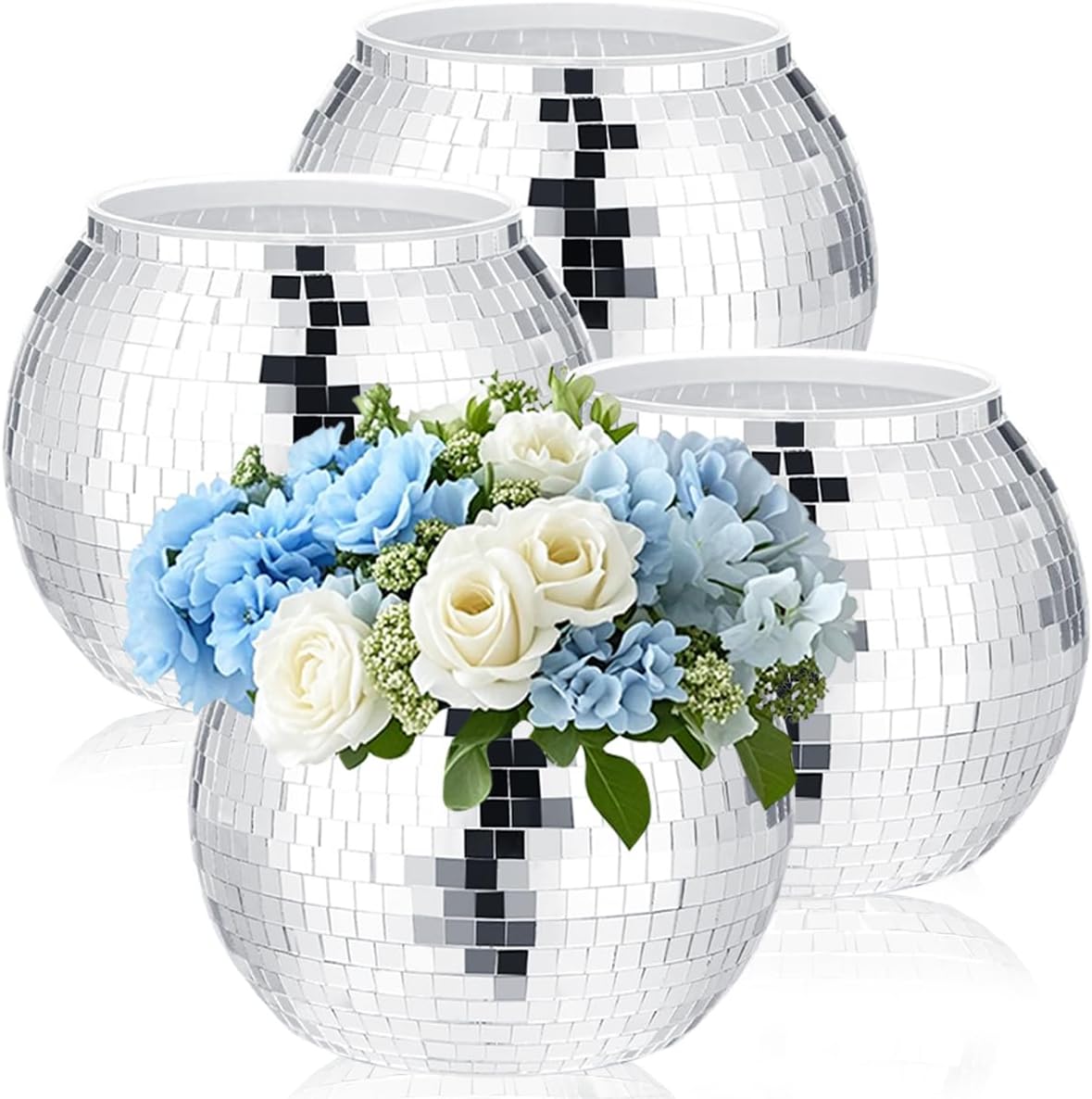 4 Pcs Disco Ball Vases,Plastic Disco Ball Centerpieces 6" X 6.7" Disco Ball Decor Silver Mirror Disco Ball Planter Can Be Used for Wedding Centerpieces,Birthday,Office