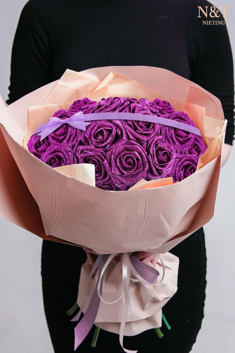 N&T NIETING Artificial Flowers Glowing Purple Flowers Foam 50pcs Glitter Roses Real Looking Fake Roses with Stem for DIY Wedding Bouquets Centerpieces Bridal Shower Party Home Decorations
