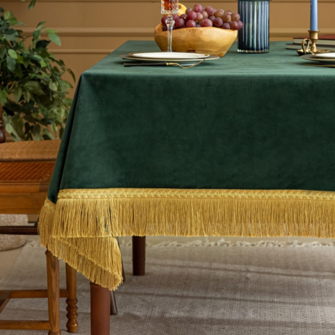 F-CHU Luxury Green Tablecloth Thickset Velvet Tablecloth with Beautiful Gold Tassels Table Cloth for Home Decor Wedding, Party, Banquet and Events 60x120-Inch
