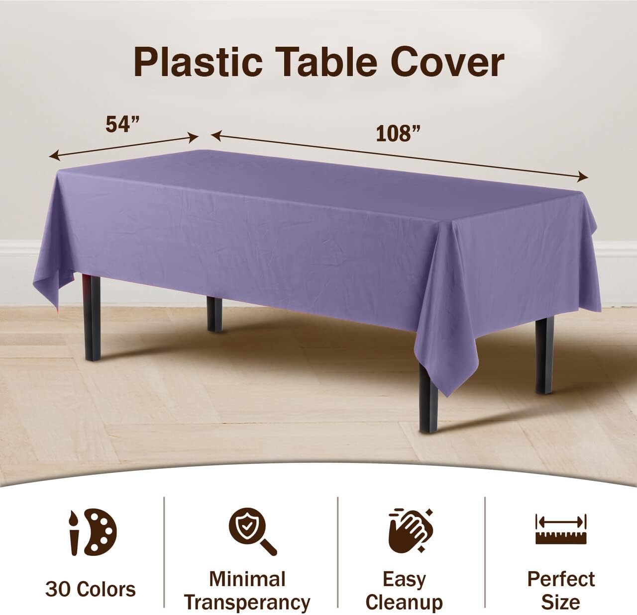 Exquisite 12-Pack Premium Plastic Tablecloth 54in. x 108in. Rectangle Table Cover - Lavender