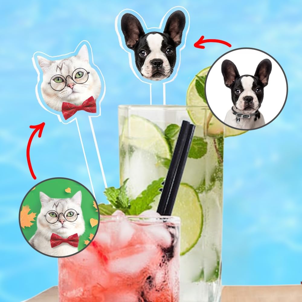 Personalized Pack 50pcs Printed Face Stir Sticks, Dog/Cat/Face/Logo Acrylic Drink Stirrers, Custom Big Head with Your Photo Drink Stirrers, Decor For Parties Birthday Graduation, Baby Face Photos