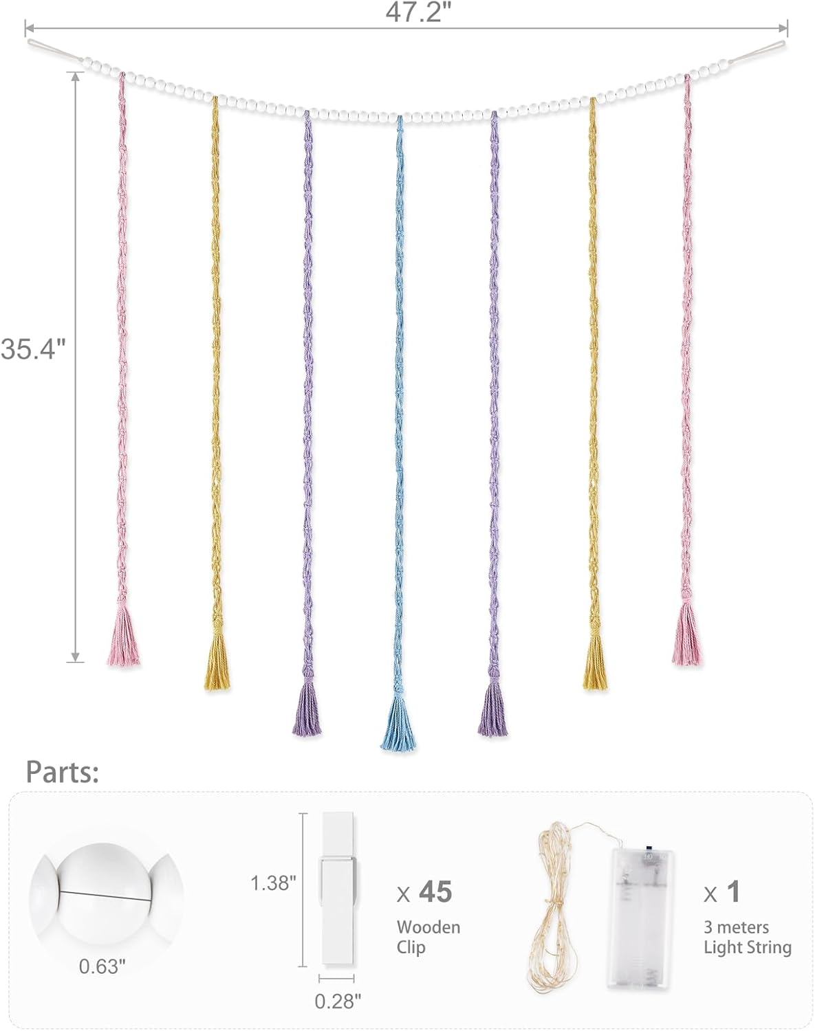 Mkono Macrame Hanging Photo Display Wall Decor with String Lights, Boho Wooden Beads Garland Collage Picture Card Frame Holder with 45 Clips for Bedroom Living Room Dorm, Teen Girls Christmas Gifts