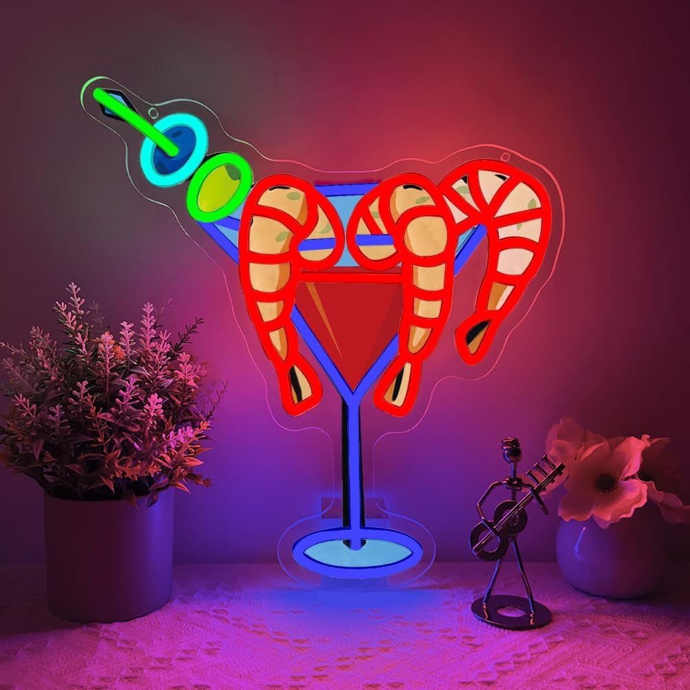 Cocktails Drinks Neon Signs for Wall Decor,Shrimp LED Neon Sign for Cocktails Bar Art Wall Lights,Adjustable Brightness Drinks Neon Sign for Beer Bar Decor,Restaurant,Pub Party,Night Club,Business
