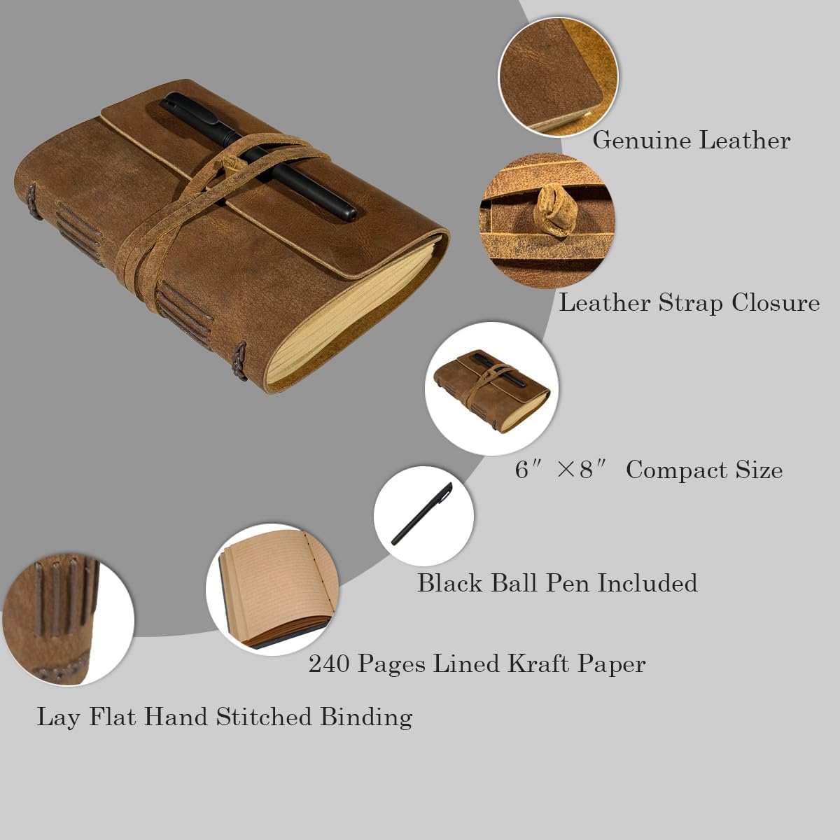 Brown Notebook Journal - Best Genuine Cool Leather Journaling for writers A5 Size Diary 6.2x8.5 Inch,Notepad For Man and Women, Vintage,Gifts,Work,Traveler,Personal