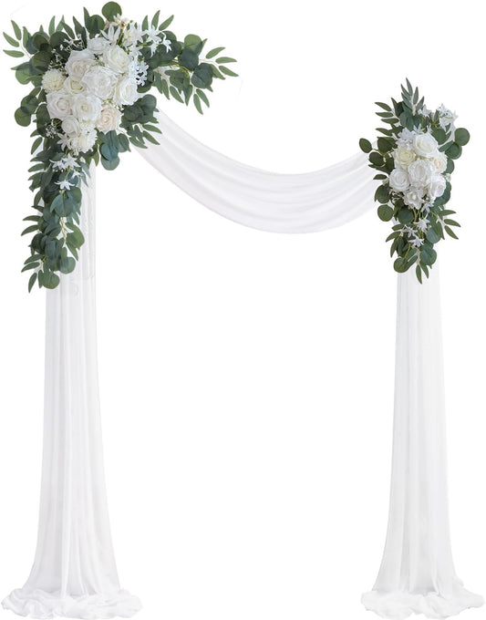 White Artificial Wedding Arch Flowers Kit (Pack of 3) with 26Ft White Shiny Arch Draping Fabric for DIY Wedding Party Ceremony Reception Backdrop Floral Decoration