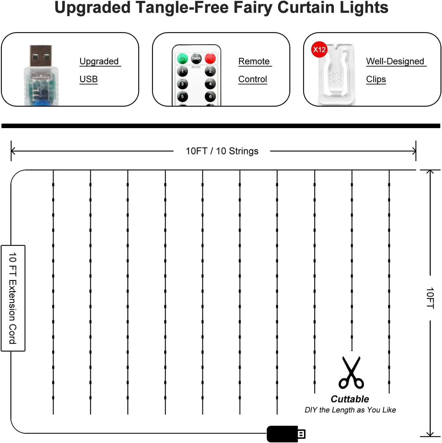 2 Pack Fairy Curtain Lights Upgraded Tangle-Free Warm White USB Plug in 8 Modes String Hanging Lights with Remote for Christmas, Bedroom, Indoor, Outdoor, Weddings, Party (10 FTx10 FT)