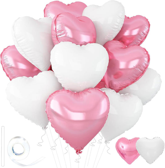 White-Pink Heart Balloons,18inch Bright Pink Heart Shaped Foil Balloons & Snowy White Helium Mylar Balloon for Anniversary Wedding Engagement Birthday Party Baby Shower Decorations