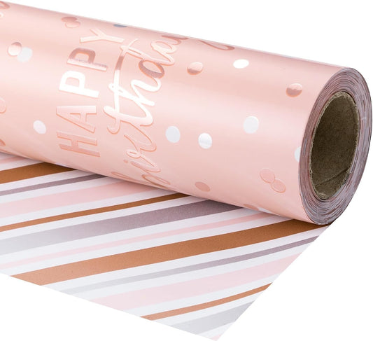 LeZakaa Reversible Pink Birthday Wrapping Paper Roll for Girls Women, Happy Birthday Lettering & Stripe Pattern with Metallic Foil in Pink, Mini Roll, 17 inches x 16.4 Feet