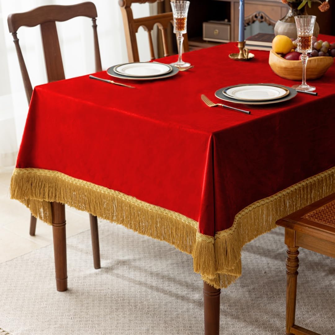 F-CHU Luxury Red Tablecloth Thickset Velvet Tablecloth with Beautiful Gold Tassels Vintage Table Cloth for Home Decor Wedding, Party, Banquet and Events 60x102-Inch