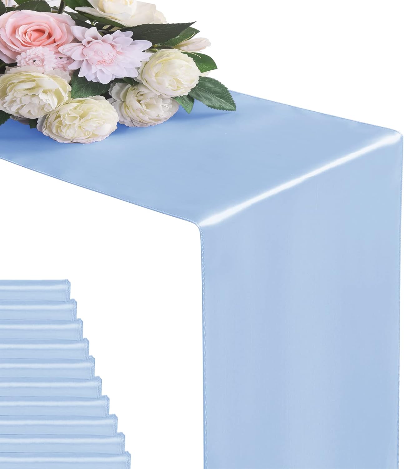 24Pack Table Runner 12 x 108 Inches Satin Silk Table Runner for Wedding, Birthday Party, Banquets, Graduations Decoration, fit Rectange and Round Table-Blue Mist