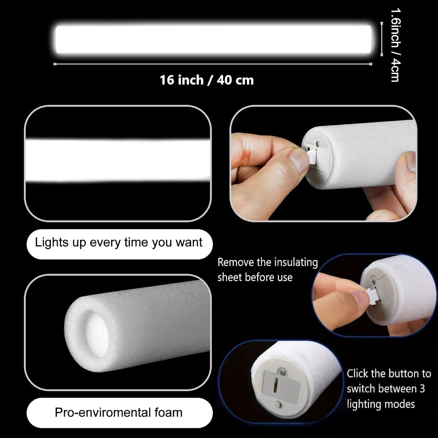 Glow Foam Sticks Bulk, 24 Pcs White Giant LED Light Up Sticks 3 Modes Flashing Glowing Baton Wands Party Supplies for Wedding, Raves,Concert,Birthday,Christmas, Halloween,Sporting Events