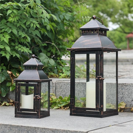NEEDOMO Lanterns Decorative Outdoor&Indoor, Set of 2 Large Bronze Metal Lantern Decor with Glass, Candle Holder for Porch, Patio, Garden, Balcony, Wedding, Table Centerpiece Decorations