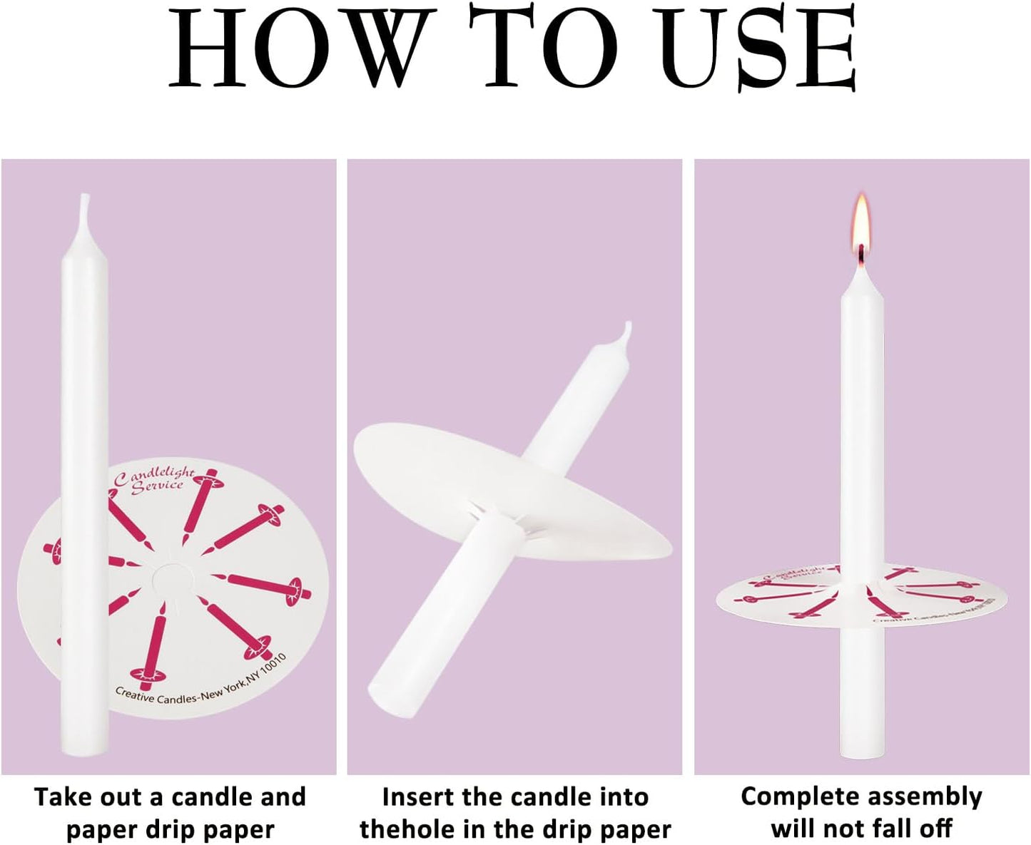 50 Church Candles with Drip Protectors for Devotional Candlelight Vigil Service, Box of 50 Candles, Unscented White 5" H X 1/2" D, No Smoke