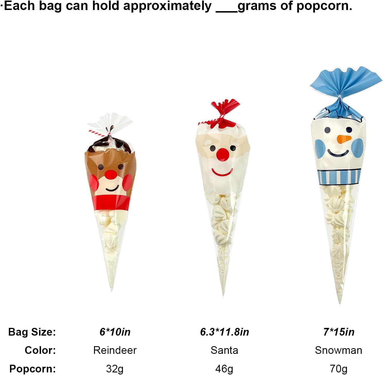EKAPACKAGING 50Pcs 7x15 Inches Snowman Print Cone Shaped Treat Bags with Ties, Christmas Clear Cellophane Bags, Party Favor Bags for Popcorn, Cookies, Cotton Candy, Gift, and Pretzel Rod