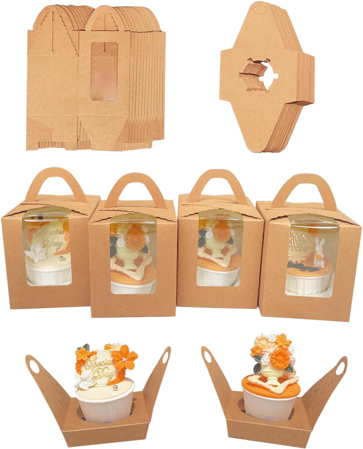 Bakepacker Auto-pop up Individual Cupcake Boxes with Window 25 Count Brown Single Cupcakes Box 3.6 x 3.6 x 4.3inch Cupcake Carrier