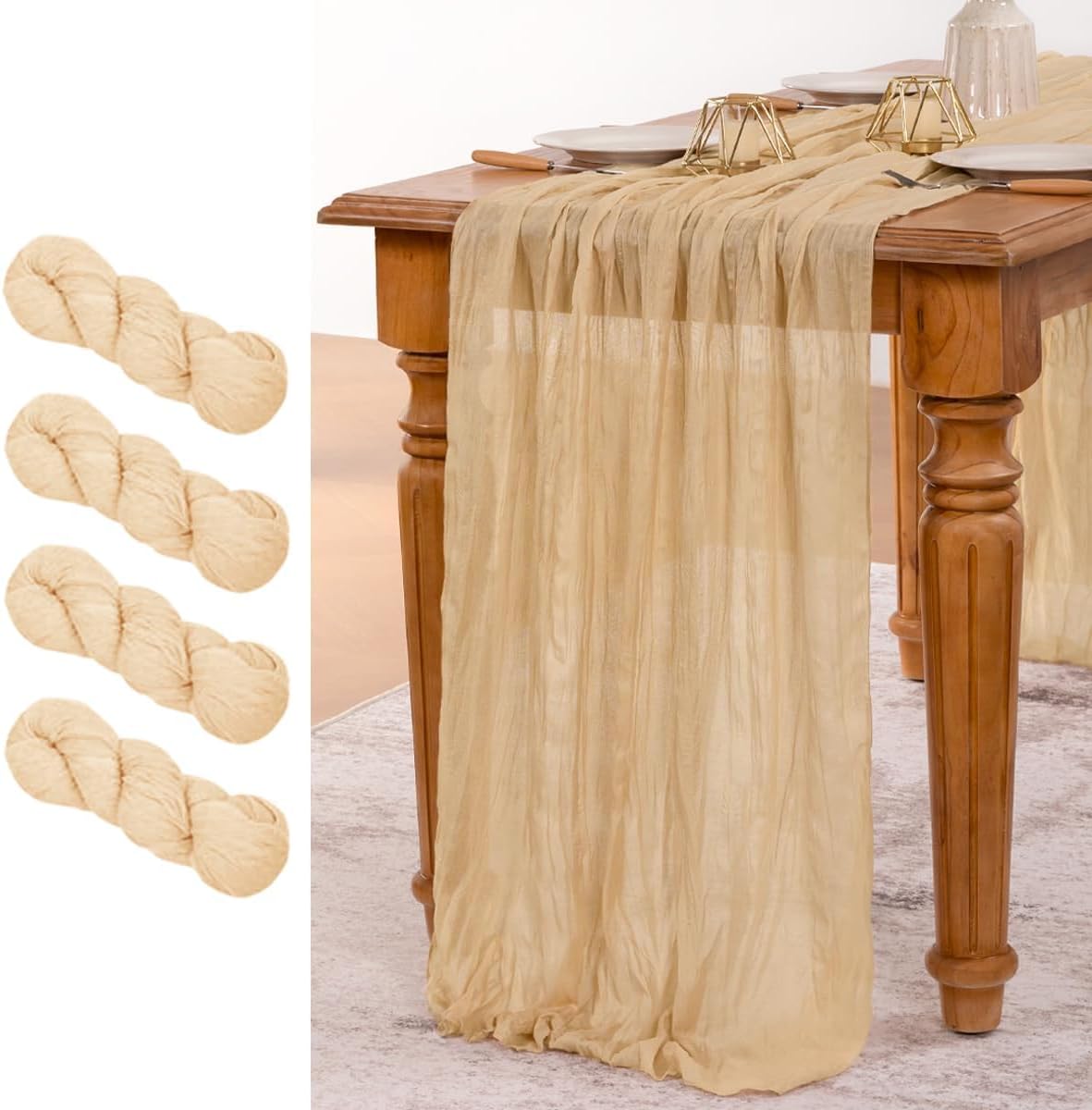 MLMW 4 Pack Champagne Gold Table Runner Cheesecloth Boho Gauze Rustic Cheese Cloth 160 inch Sheer Wedding Table Runner 13.3ft for Thanksgiving Party Baby Bridal Shower Birthday