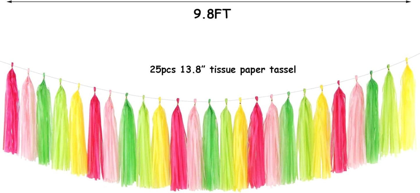 Hawaiian-Themed Pool Party-Decorations Tassel Garland - 25pcs Tropical Jungle Aloha Birthday Streamers,Pink Rose Yellow Green Summer Beach Baby Shower Tassels Banner Backdrop Decor Panduola
