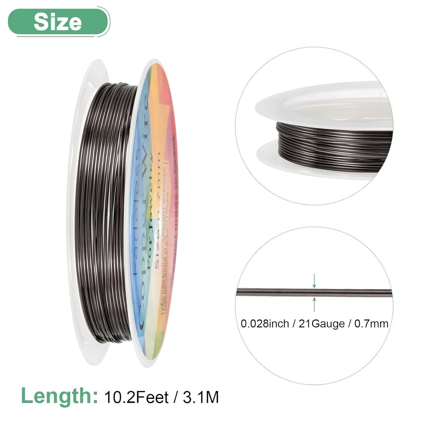0.7 mm/21 Gauge Copper Wire for Jewelry Making, 10.2FT Copper Beading Craft Wire for Jewelry/Weaving/DIY Crafting/Planting, Color-Retaining [3.1M, Metallic Black]