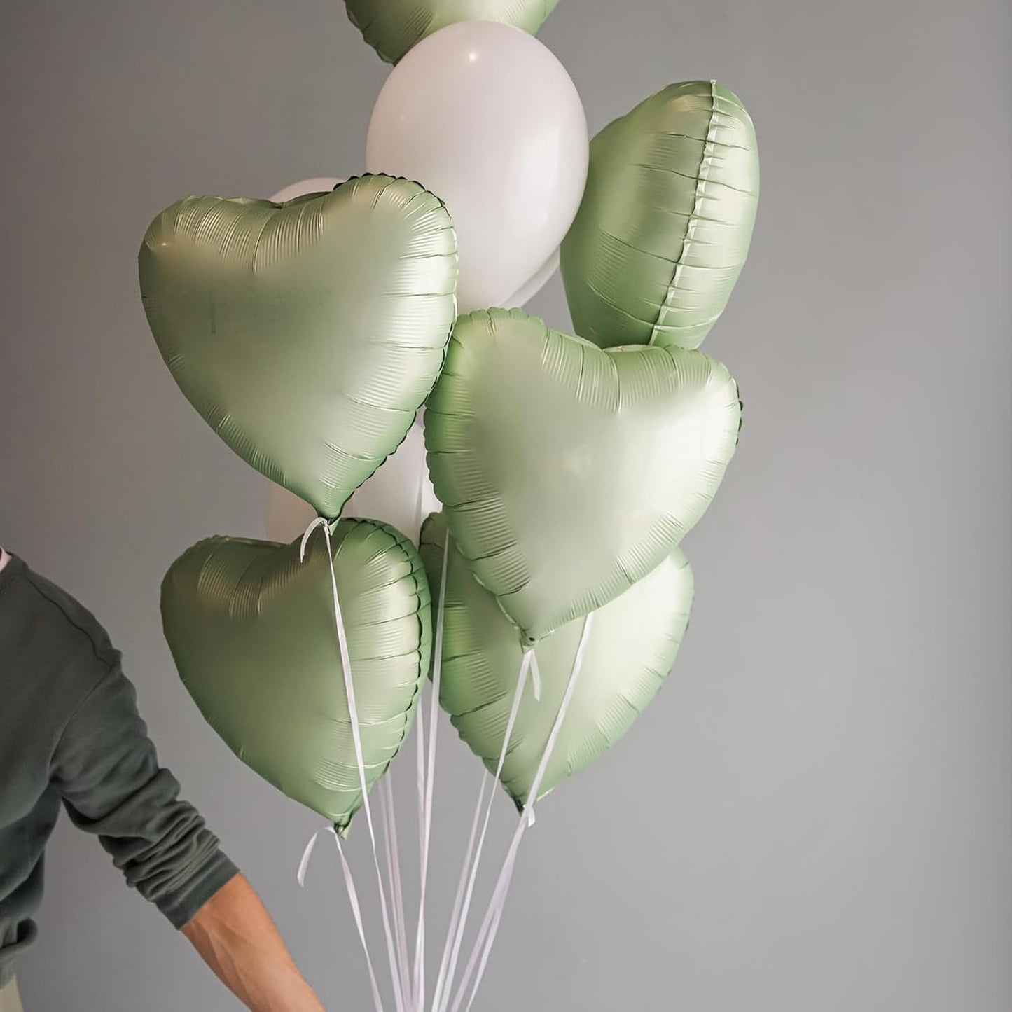Sage Green White Heart Balloons,10Pcs Sand White Foil Heart Shaped Balloons,18Inch Olive Green Helium Balloon for Valentines,Engagement,Birthday,Baby Shower,Wedding Party Decorations