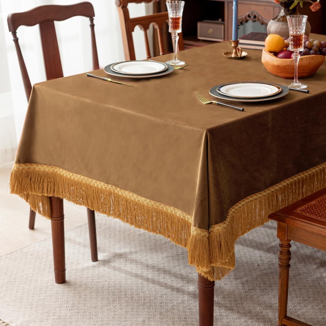 F-CHU Luxury Camel Tablecloth Thickset Velvet Tablecloth with Beautiful Gold Tassels Vintage Table Cloth for Home Decor Wedding, Party, Banquet and Events 60x120-Inch