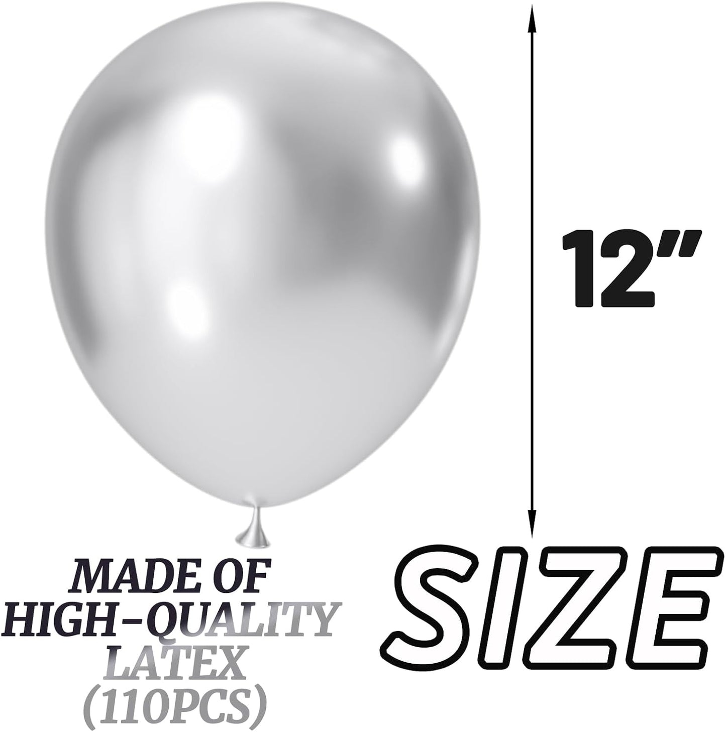 110pcs Metallic silver Balloons, Metallic silver Latex Balloons 12 inch, silver Balloon for Birthday Party Baby Shower Wedding(with 2 Ribbons).