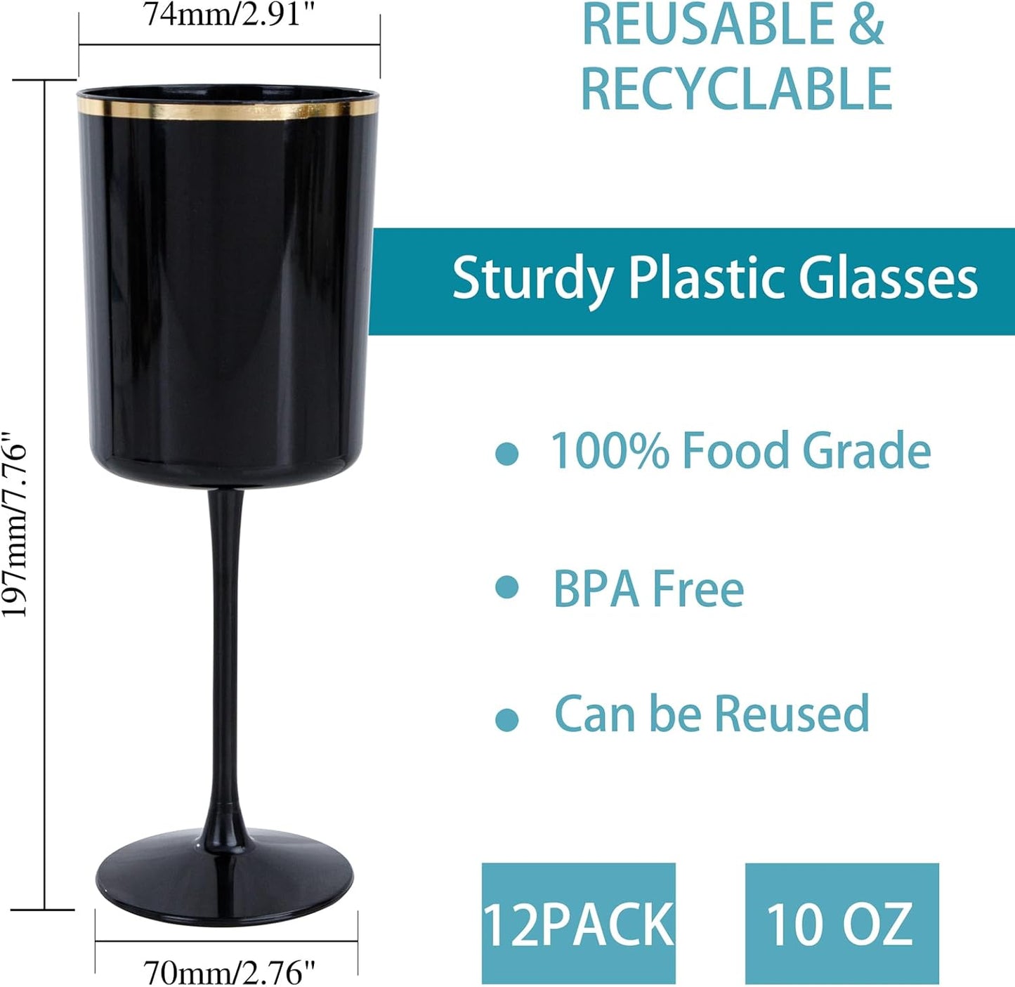 Ciaell 12 Pack 10 OZ Black Plastic Wine Glasses with Stem - Black and Gold Disposable Wine Glasses Perfect for Parties & Weddings & Toasting & Outdoors & Camping & Halloween