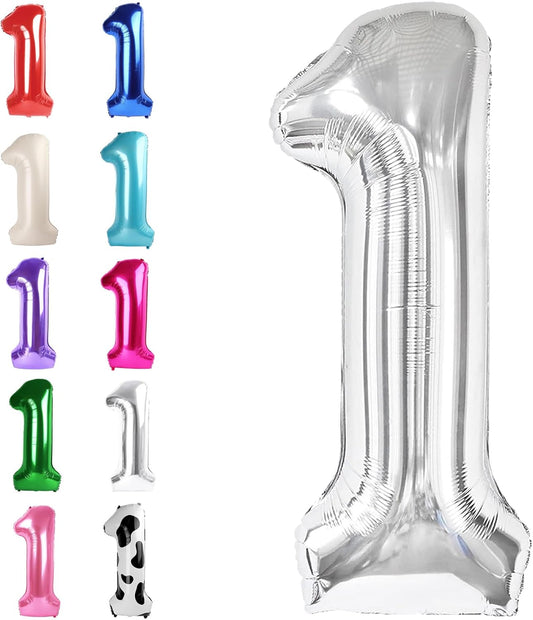Silver Number 1 Balloon 40 inch, 1 Number Birthday Balloon for Boy Girl, Silver One for 1st 10 11 12 16 18 Birthday Party, Anniversary Celebration Number Balloons