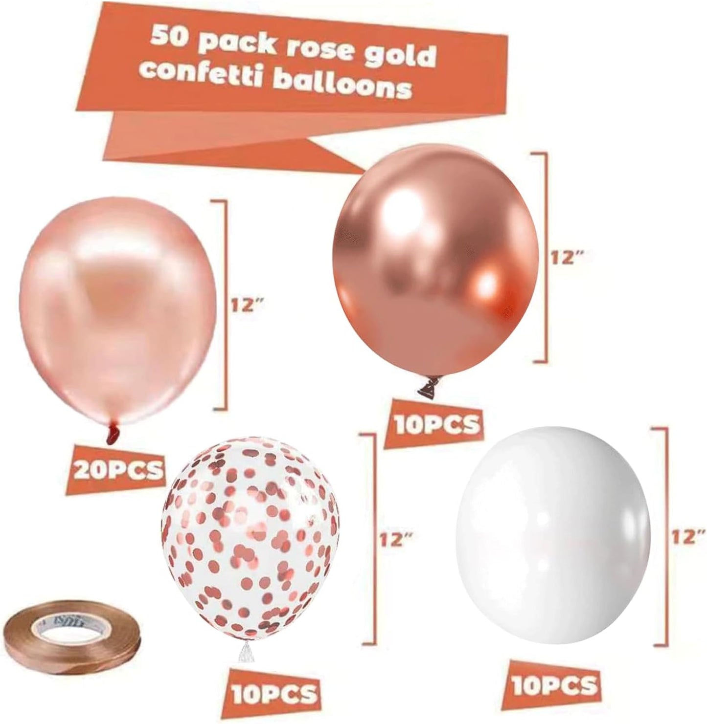 Rose Gold Confetti Balloons, 50pcs 12 Inch Metallic Confetti White and Rose Gold Latex Balloons with 33 Feet String for Birthday Party Wedding Anniversary Gender Revea Decorations