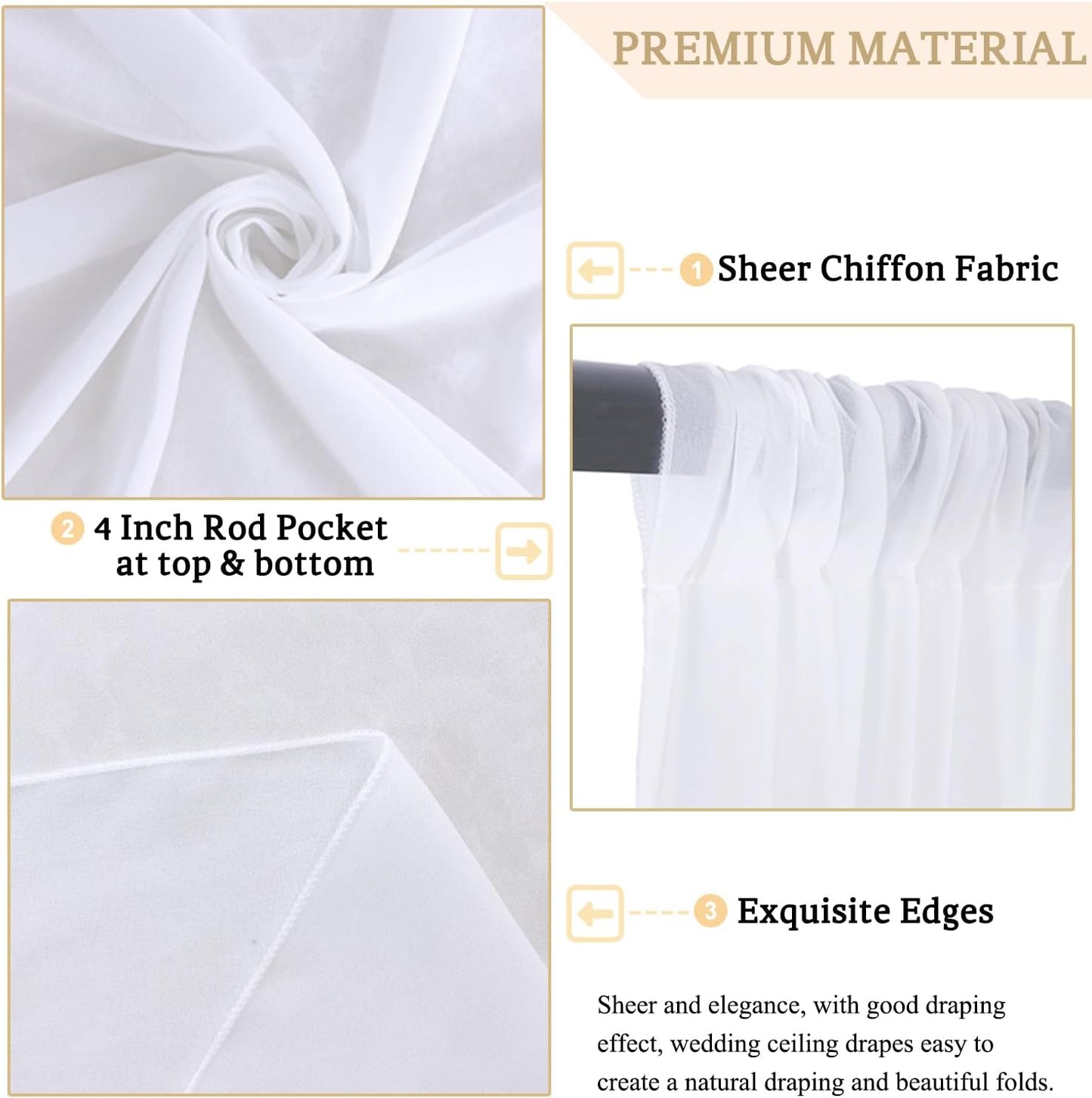 MODFUNS Wedding Ceiling Drapes White Wedding Arch Draping Fabric 2 Panels 5x20 FT Chiffon Drapery Curtains for Arbor Sheer Fabric for Draping Arch Decorations for Ceremony Swag Backdrop for Parties