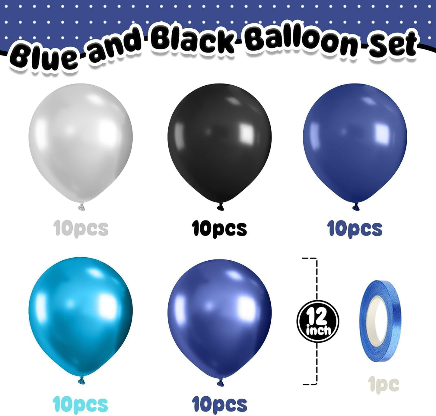 Blue and Black Balloons,50Pcs 12 Inch Pearl Navy Blue Silver Metallic Light Blue Balloons for Boys Graduations Birthday Baby Shower Party Decoration