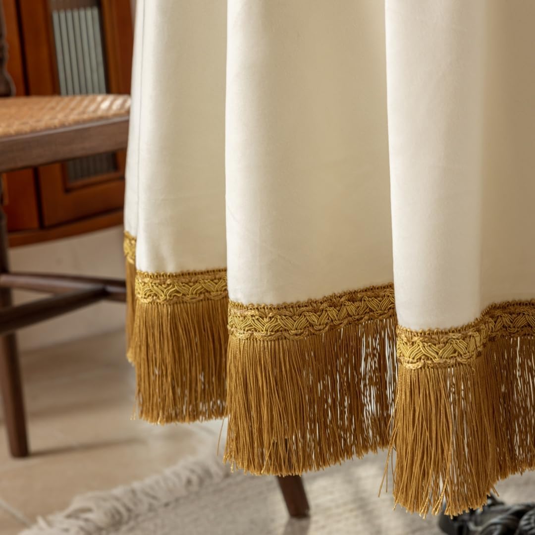 F-CHU White Tablecloth Thickset Velvet Tablecloth with Beautiful Gold Tassels Vintage Table Cloth for Home Decor Wedding, Party, Banquet and Events 70" Round