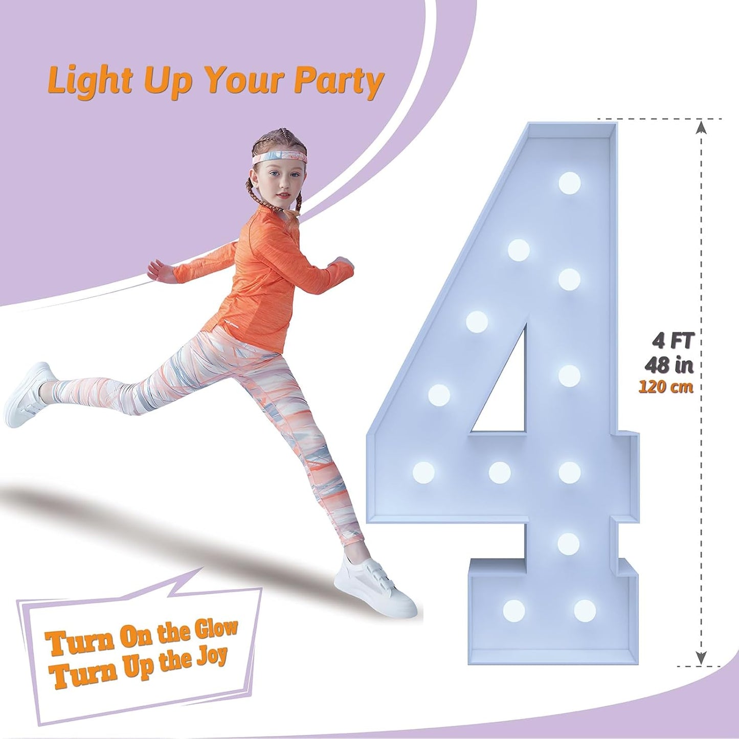 4FT Marquee Light Up Numbers 4 – Cool White LED, Easy to Assemble Foam Board with Back Support, Large Marquee Light Up Numbers for Birthday, Wedding, Party, Anniversary, Baby Shower Decor