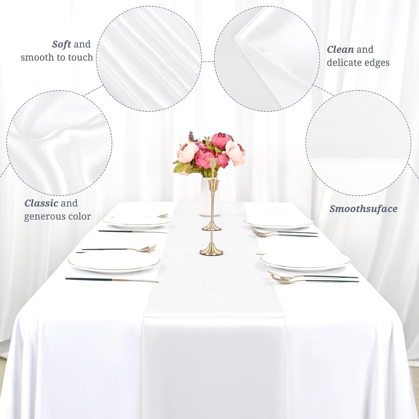 12 Pack White Satin Table Runner 12 x 108 inch Long Premium Smooth Table Runner for Wedding, Banquets, Birthday, Party, Graduation, Engagements,Table Runners fit Rectangle and Round Table
