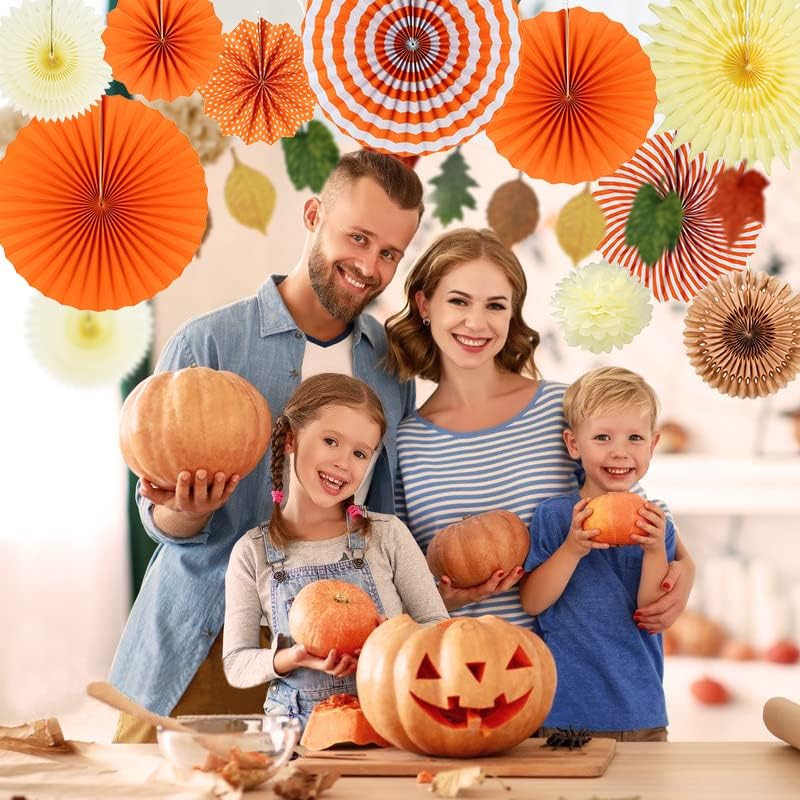 Easy Joy 14 Pcs Fall Party Decorations, Orange Hanging Paper Fans Autumn Paper Pompoms Lanterns Maple Leaves Bunting Garlands for Thanksgiving Celebration, Birthday Decor
