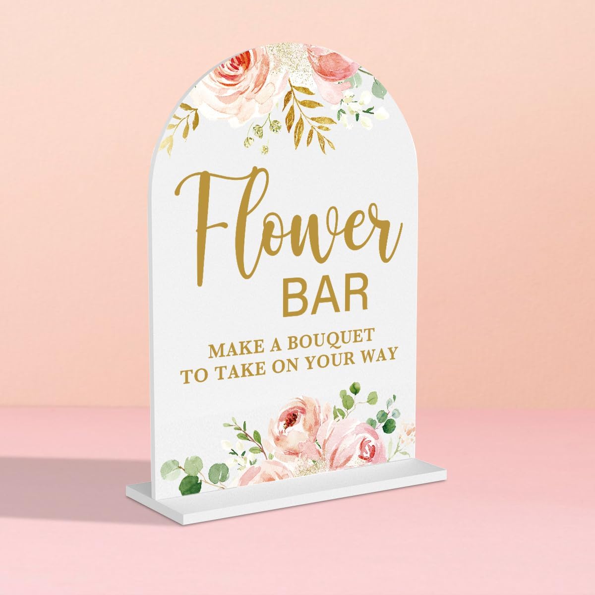Acrylic Wedding Signs, Flower Bar Desk Decor, Flower Bar Signs for Ceremony, Modern Calligraphy Arch Acrylic Table Top Sign for Wedding Reception and Engagement Parties (Pink Flowers)